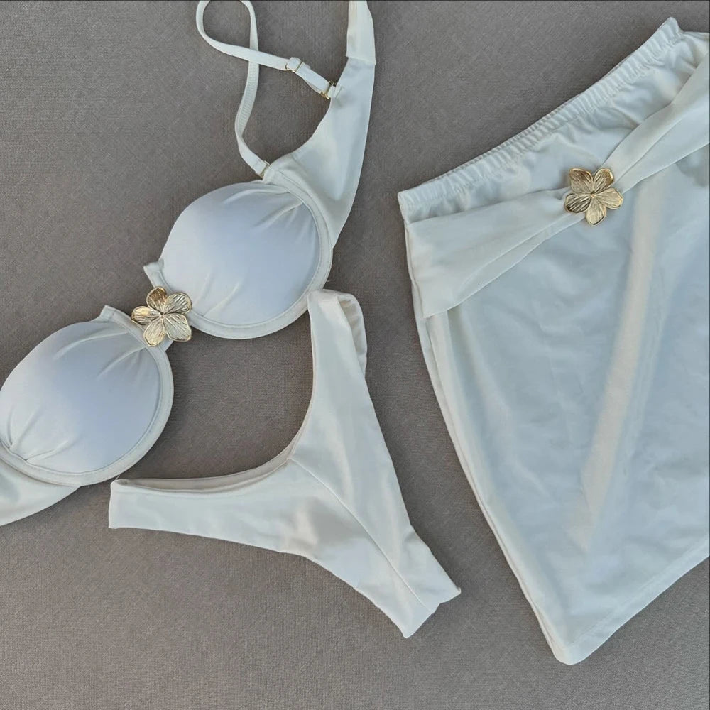 3 Pieces Bikini Set With Mini Skirt Women Swimwear 2025 Sexy Bikinis Push Up Beachwear Floral Bodysuit Micro Biquini Female