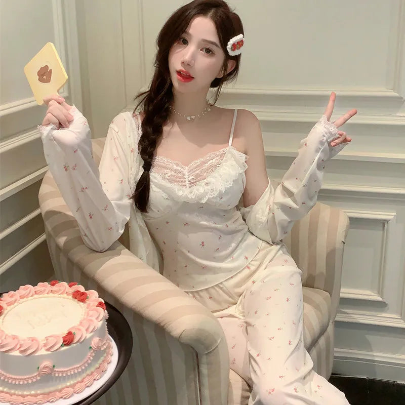 Women Pajama Sets Soft Modal Pijamas Mujer Sleepwear Lady Spring Summer New Nightwear Femme 3 Pieces Sets Lace Trim Homewear