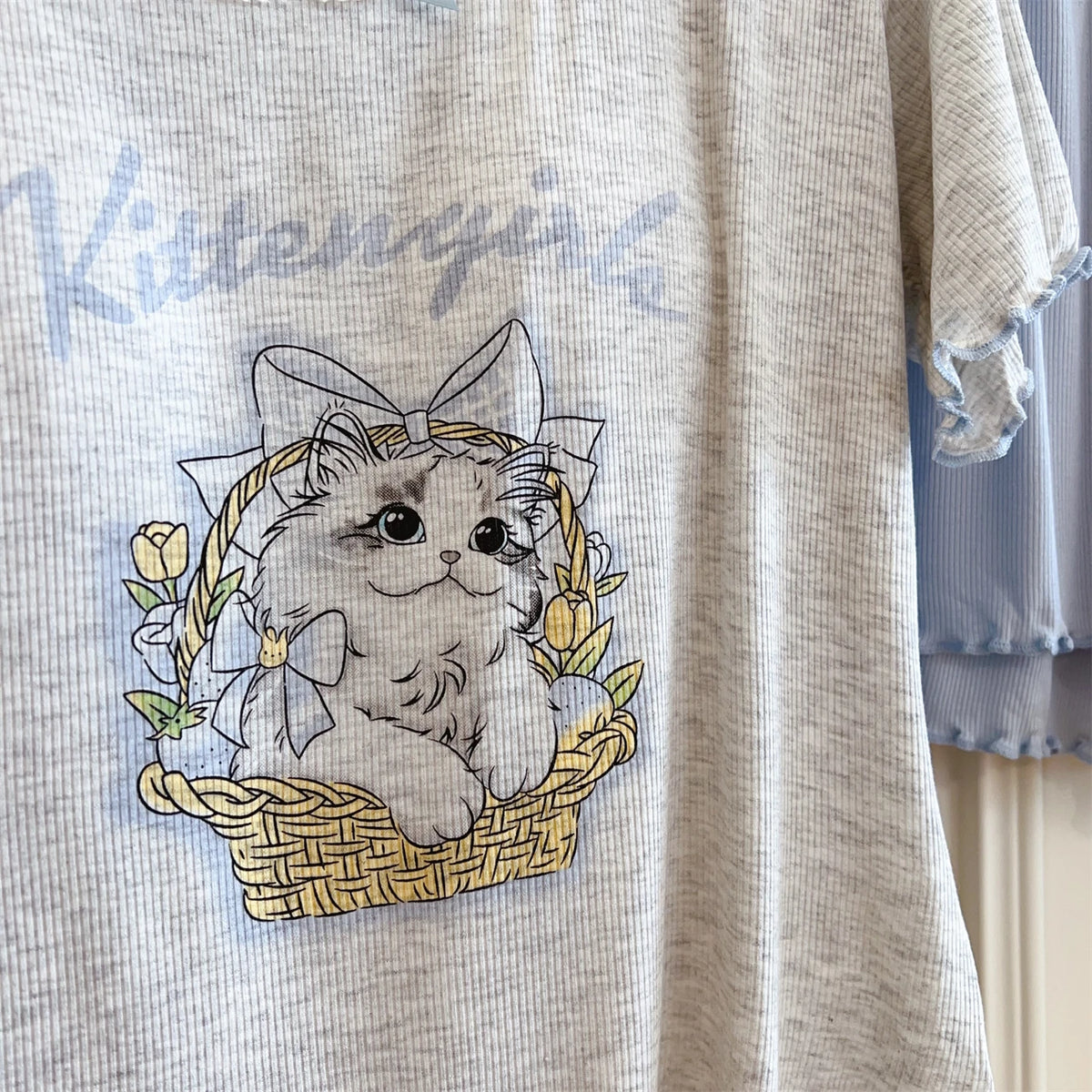 Modal Pajama Sets Sweet Cat Loose Long Sleeve Round Collar Bow Short T Shirt Women's Spring and Autumn Soft Sleepwear