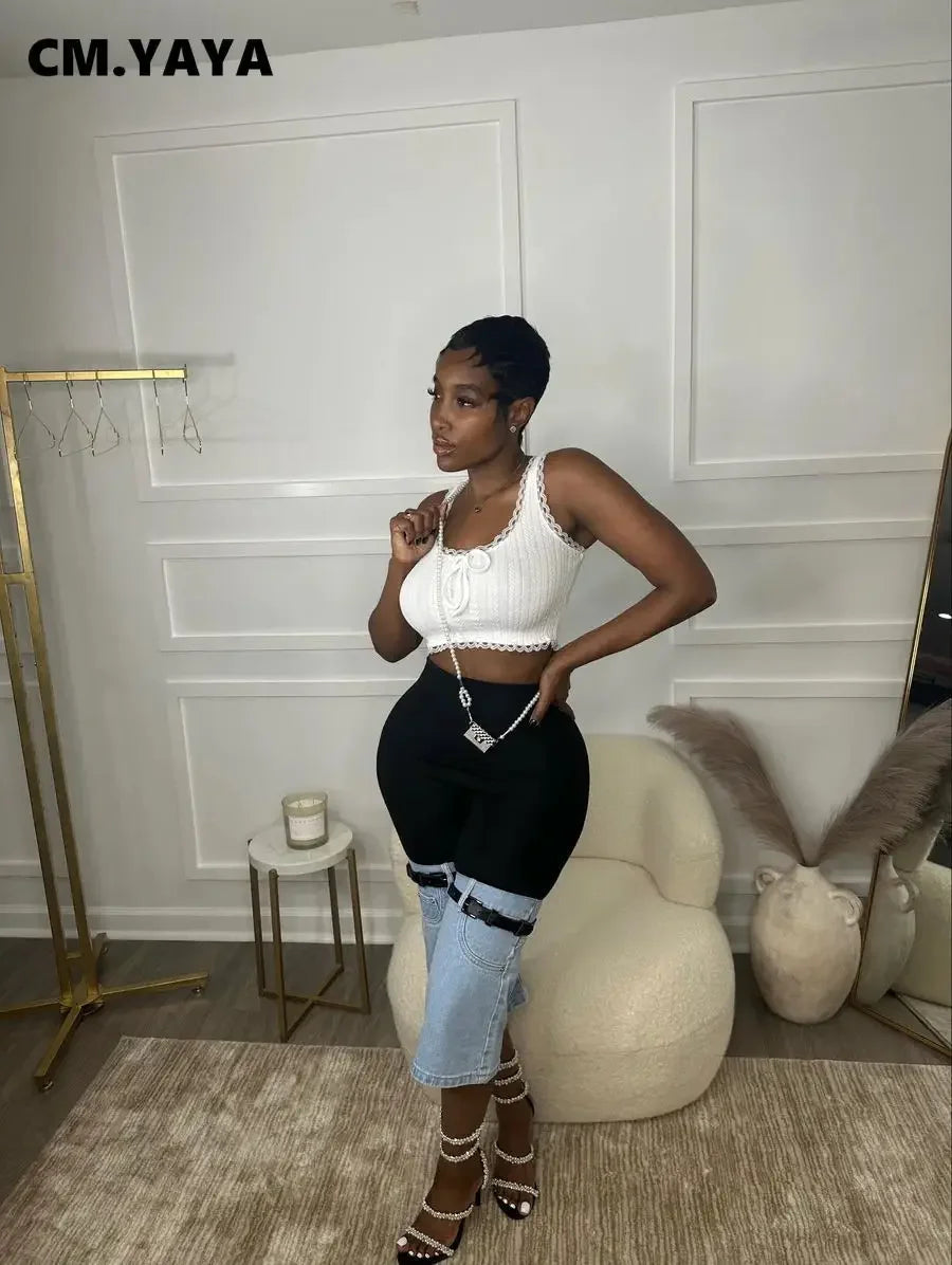 CM.YAYA Women Streetwear Ripped Jeans 2024 Summer Patchwork Chic INS High Waist Fly Calf-Length Knee Length Denim Pants