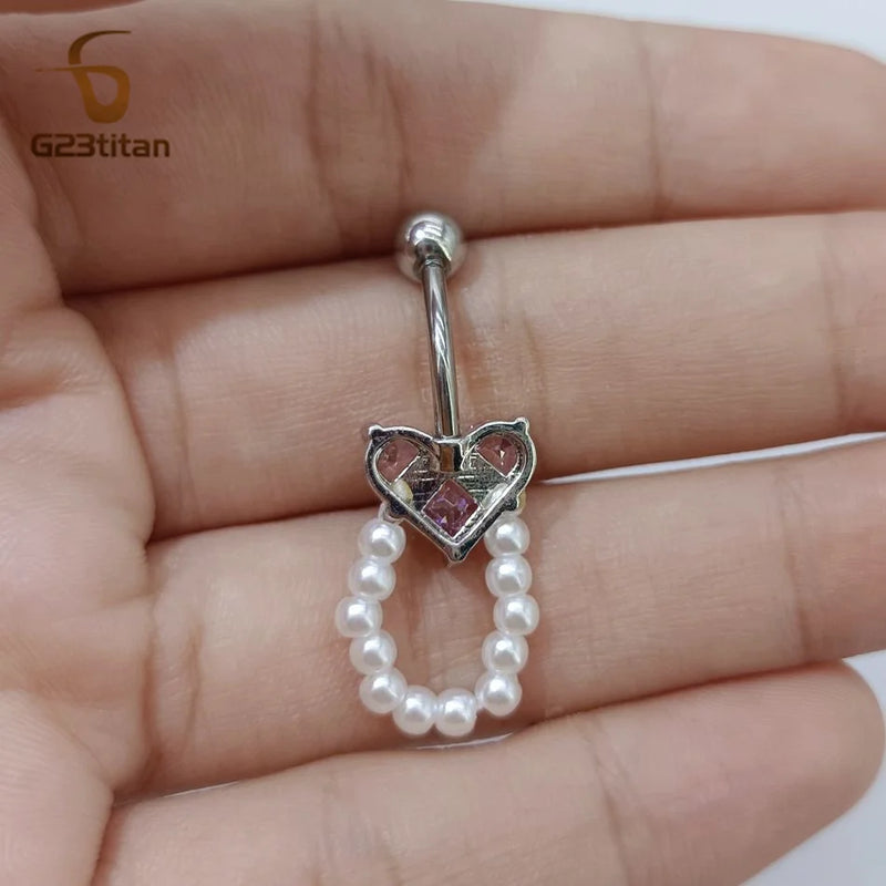 G23Titan Pink Zircon Heart Belly Ring Hanging Pearl Women Sexy Navel Jewelry Surgical Titanium Barbell Nombril Ombligo Piercing