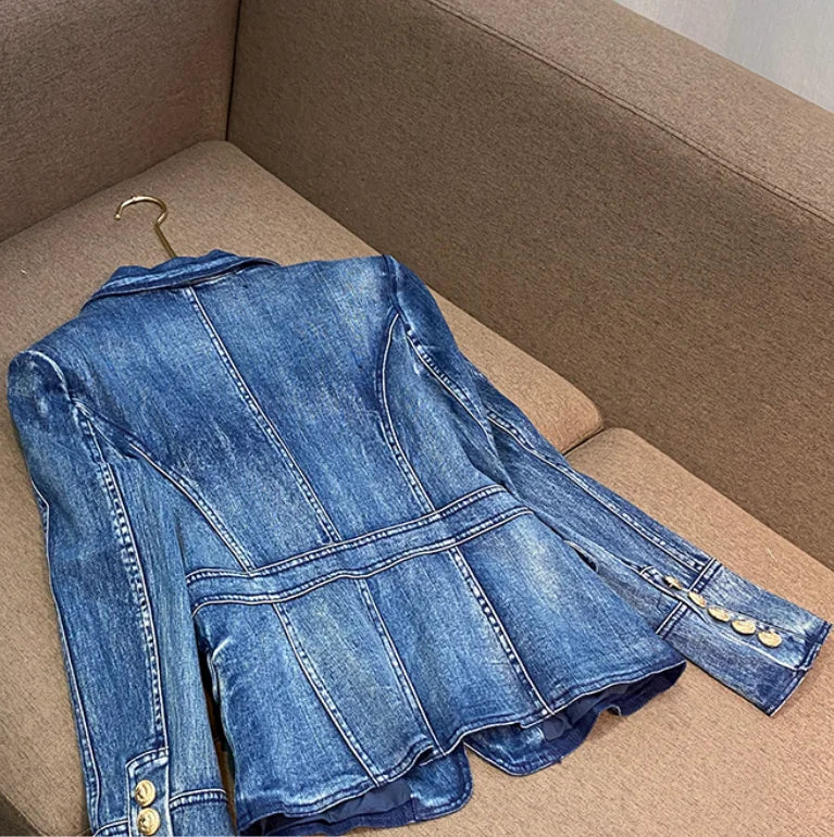 New Arrival Jeans Coat Double-breasted Long Sleeve Jacket Women Fashion Streetwear Denim Blazer