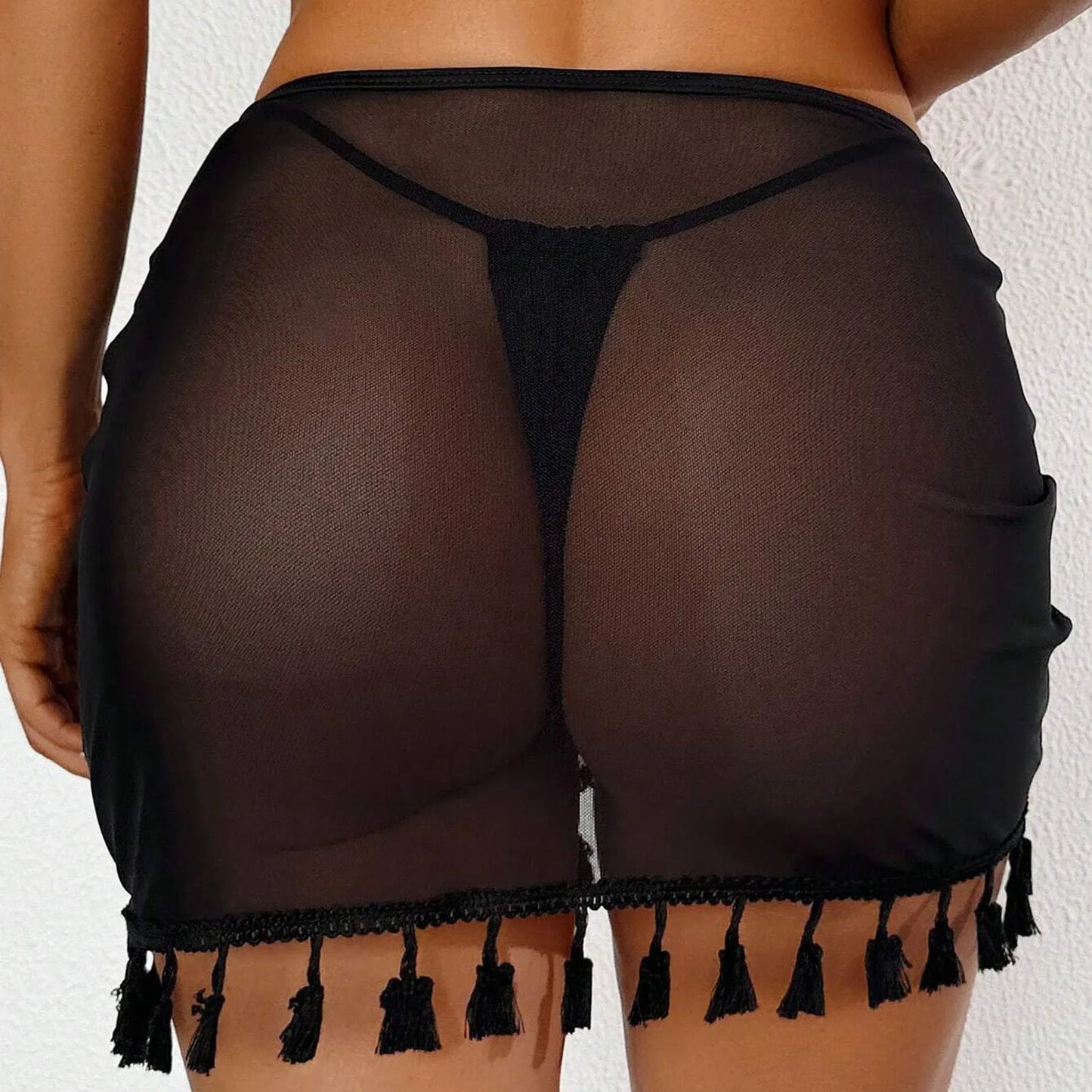 Black Ruffle Trim Sheer Beach Skirt Mesh Cover Up Skirt Beach Wrap Bikini Shiny Wraps Tassel Cover Ups for Swimwear Swimsuit