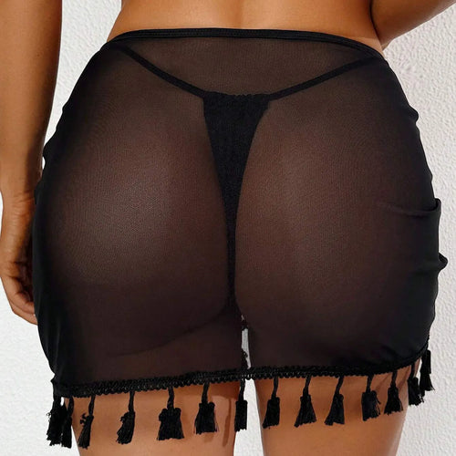 Black Ruffle Trim Sheer Beach Skirt Mesh Cover Up Skirt Beach Wrap Bikini Shiny Wraps Tassel Cover Ups for Swimwear Swimsuit