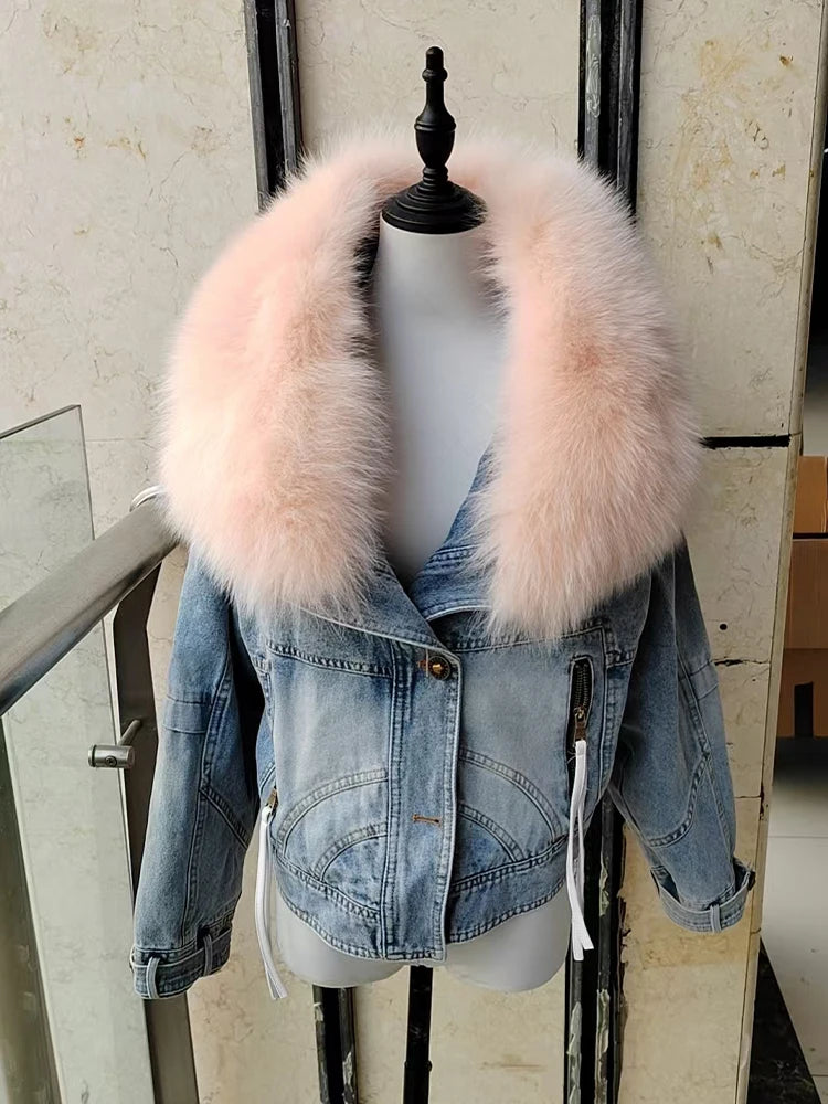 Womens Coats Spring 2025New 100%Natural Real Fox Fur Collar Fashion Short Denim Jacket Luxury Goose Down Puffer Jackets Clothing