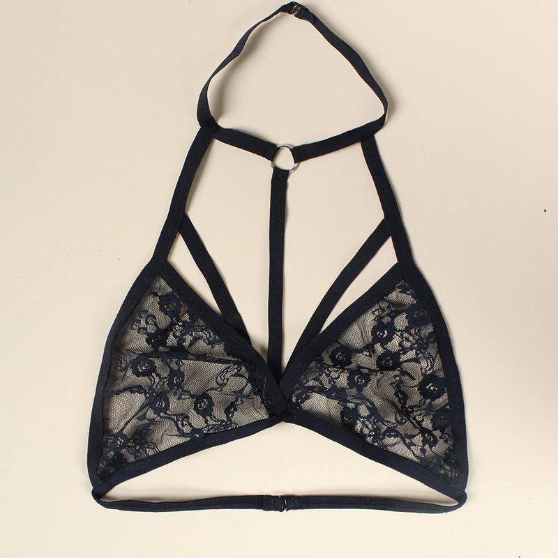 Lingerie For Ladies Lace Halter Neck Criss Cross Back Lace Bra Deep V Scalloped Strappy Bralette Lenceria Sexys Para Mujer Fina