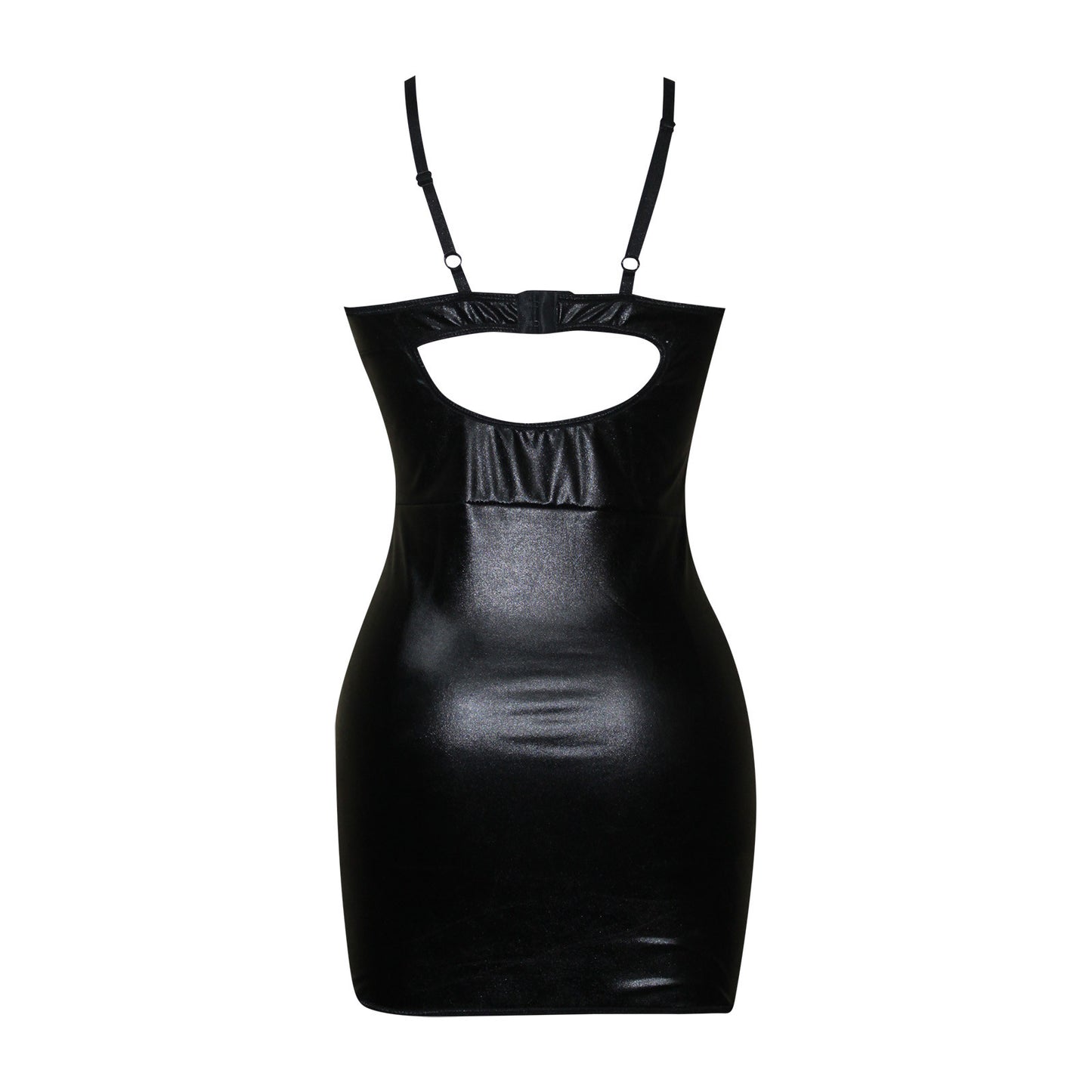 Women Leather Spaghetti Strap Dress Sleeveless Zipper Front Push Up Bra Mini Bodycon Dress Sexy Mesh Party Clubwear Micro Dress