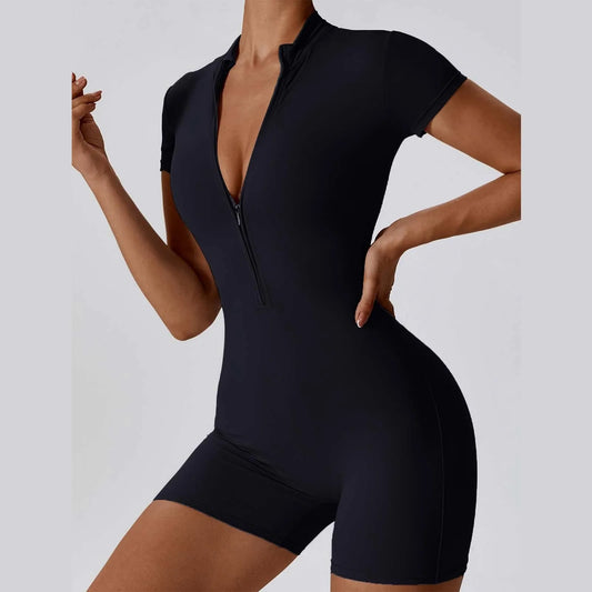Plus Size Jumpsuit For Women'S Solid Color Summer Zippered Short Sleeve Yoga Shapewear For Dance Fitness Tight Workout Romper