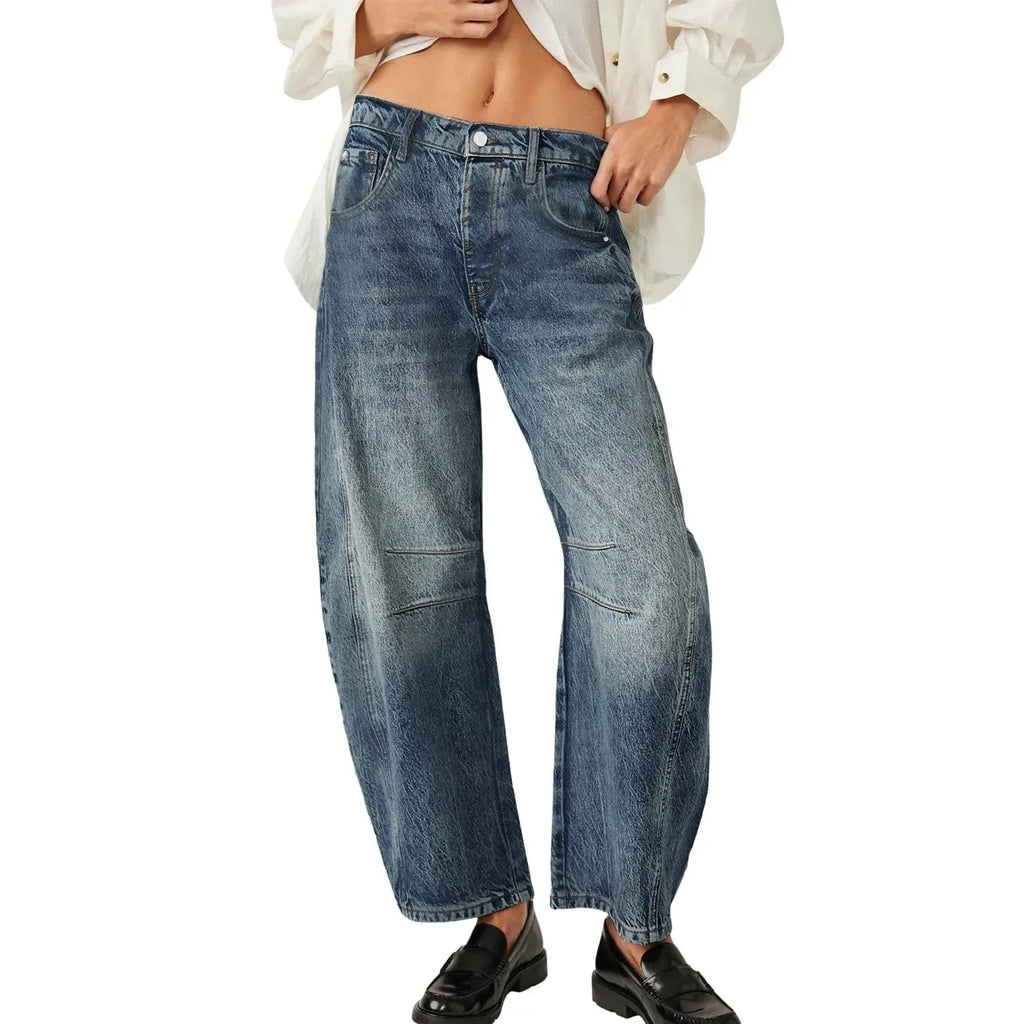 High Stretch Mid-Rise  Jeans Fashion Wide Leg Shape Women Casual Baggy Mid Waist Denim Jeans