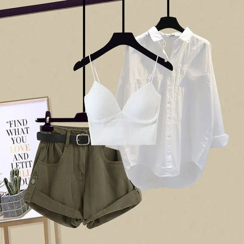 Women's Summer New Denim Shorts Matching Set Female Vintage Casual Sunscreen Shirt+suspender+High Waits Pants Three Piece Suit