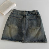 2024 Spring New Women High Belt Anti-exposure Short dress Retro Dark Fashion Solid color Short A Word Denim Skirt