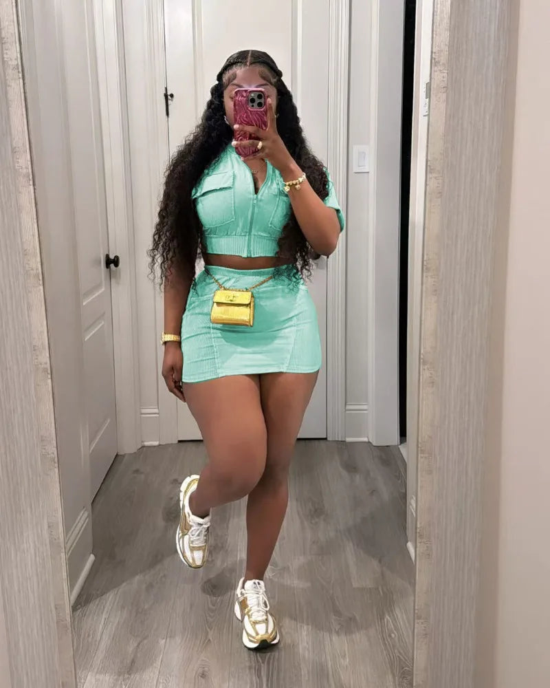 Women Solid Ribbed Patchwork 2 Piece Set Zip-up Short Sleeve Pockets Slim Crop Tops + Bodycon Mini Skirts Casual Streetwear Suit