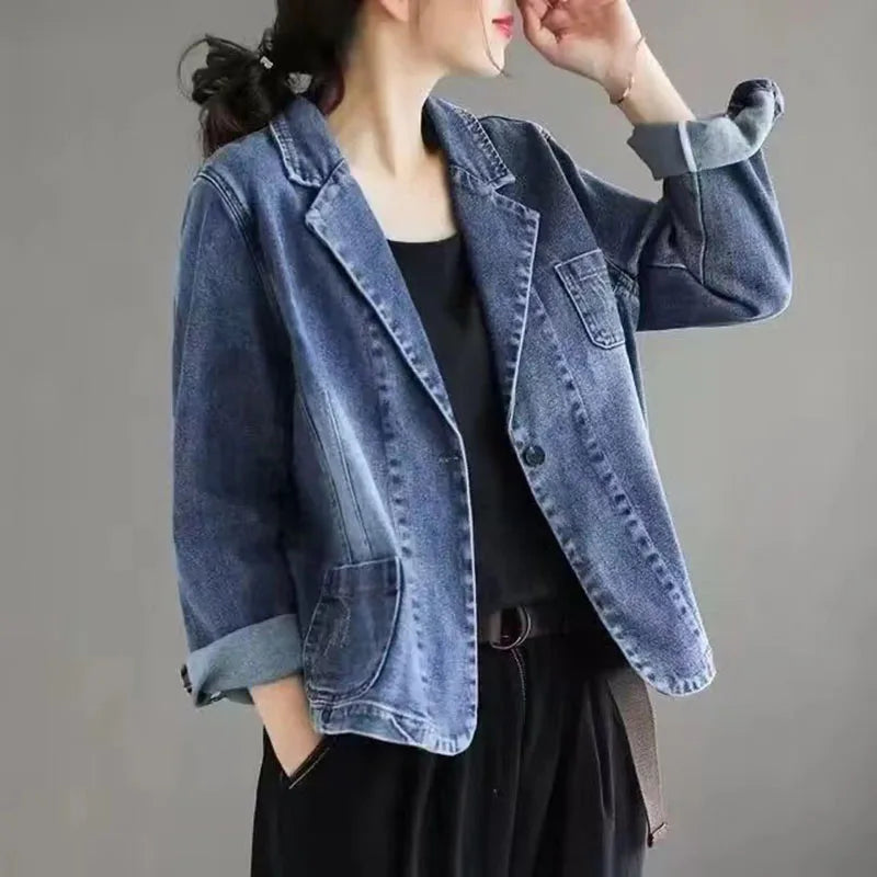 2024 Jeans Blazer Coat Women Spring Autumn New Retro Denim Jacket Female Loose Casual Coats Ladies Denim Tops