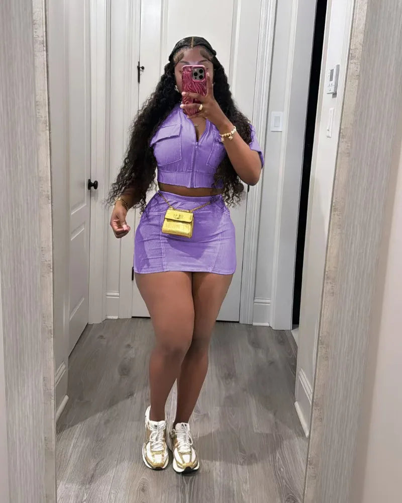 Women Solid Ribbed Patchwork 2 Piece Set Zip-up Short Sleeve Pockets Slim Crop Tops + Bodycon Mini Skirts Casual Streetwear Suit