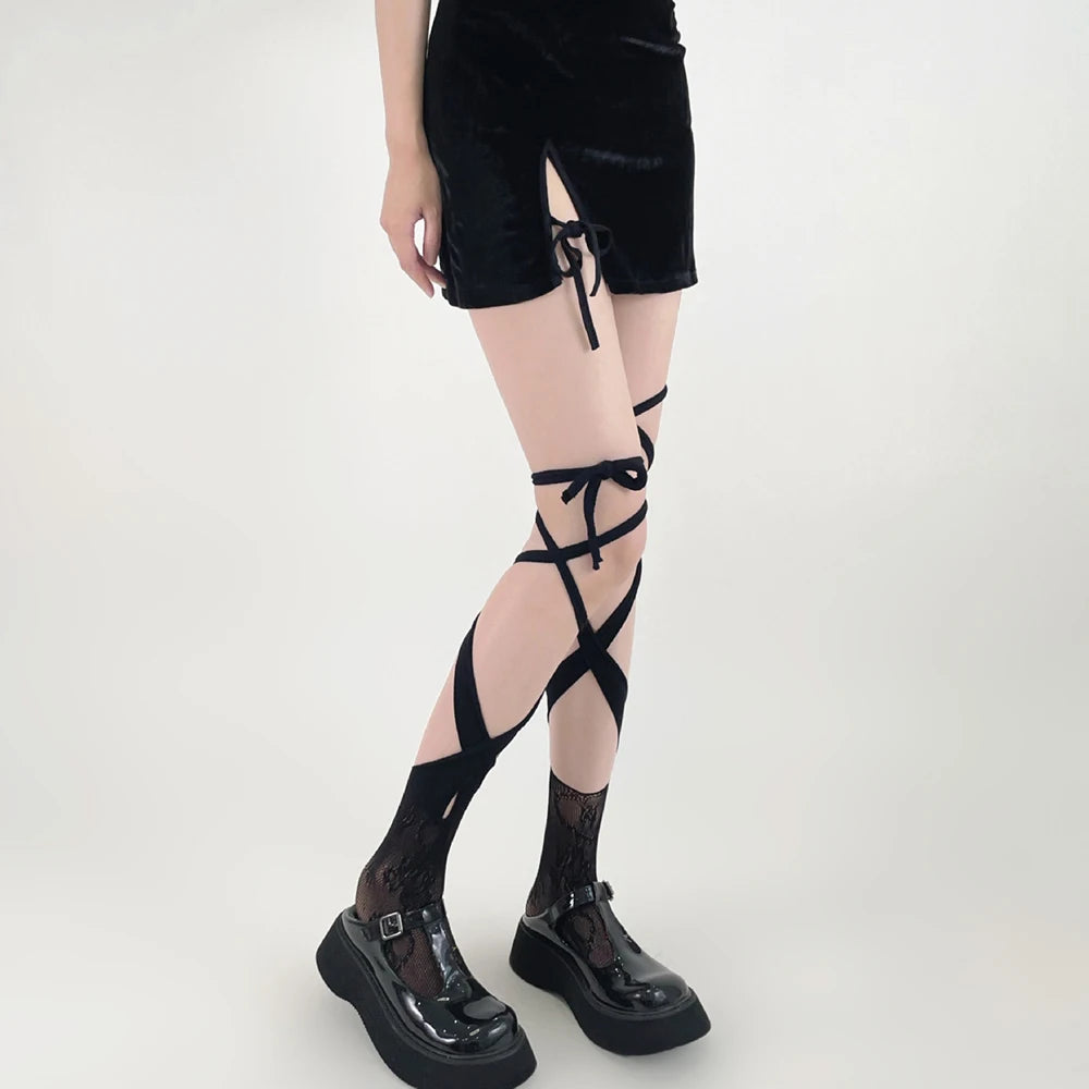 Women's Jk Tie Lace Fishnet Stockings Irregular Split-toe Calf Socks Middle Tube Socks Straps Summer Sexy Long Japanese Socks