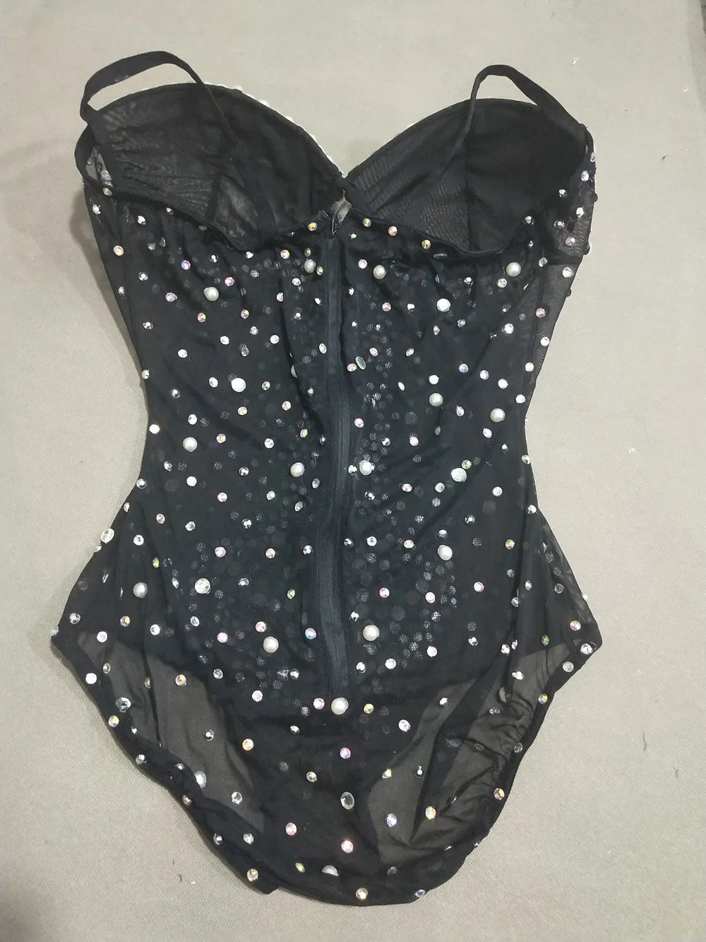 Sexy V Neck Perspective Mesh Elastic Crystals Bodysuit Women Dancer Stage Performance Costume Luxurious Gemstones Pearls Tights