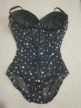 Sexy V Neck Perspective Mesh Elastic Crystals Bodysuit Women Dancer Stage Performance Costume Luxurious Gemstones Pearls Tights