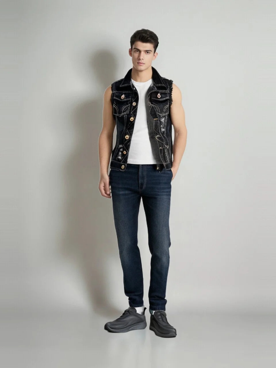 DIMUSI New Spring Autumn Vintage Design Men's Denim Vest Male Black Sleeveless Jackets Men Hole Jeans Brand Waistcoat 6XL,YA566
