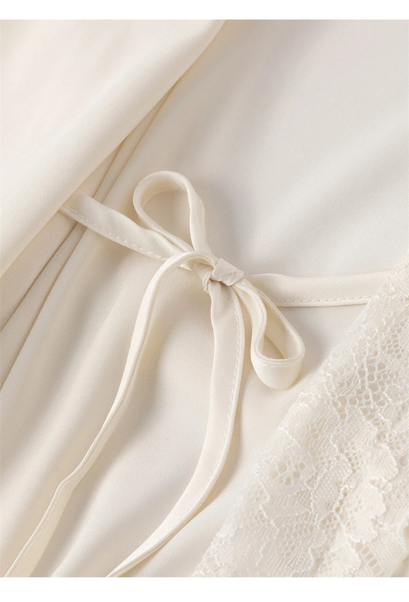 New Female Long Robe Nightgown Set Sexy Lace Trim Sleepwear Suspender Nightdress Spring Summer Casual Satin Home Dress Bathrobe