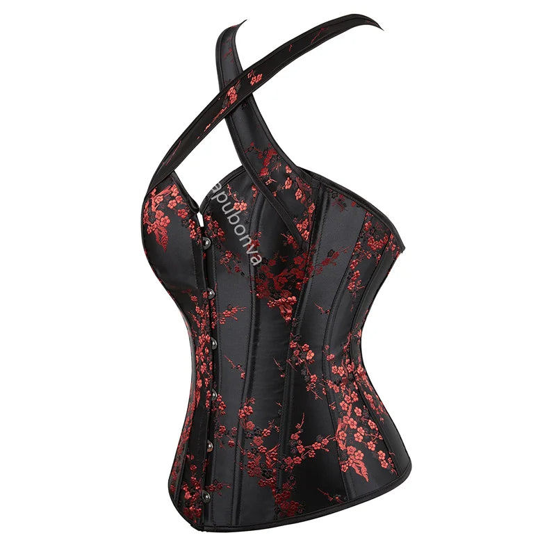 Corset Top Plus Size Sexy Lingerie Women Bustier Strap Embroidery Flower Overbust Corselet Vintage Fairy Burlesque Red Black