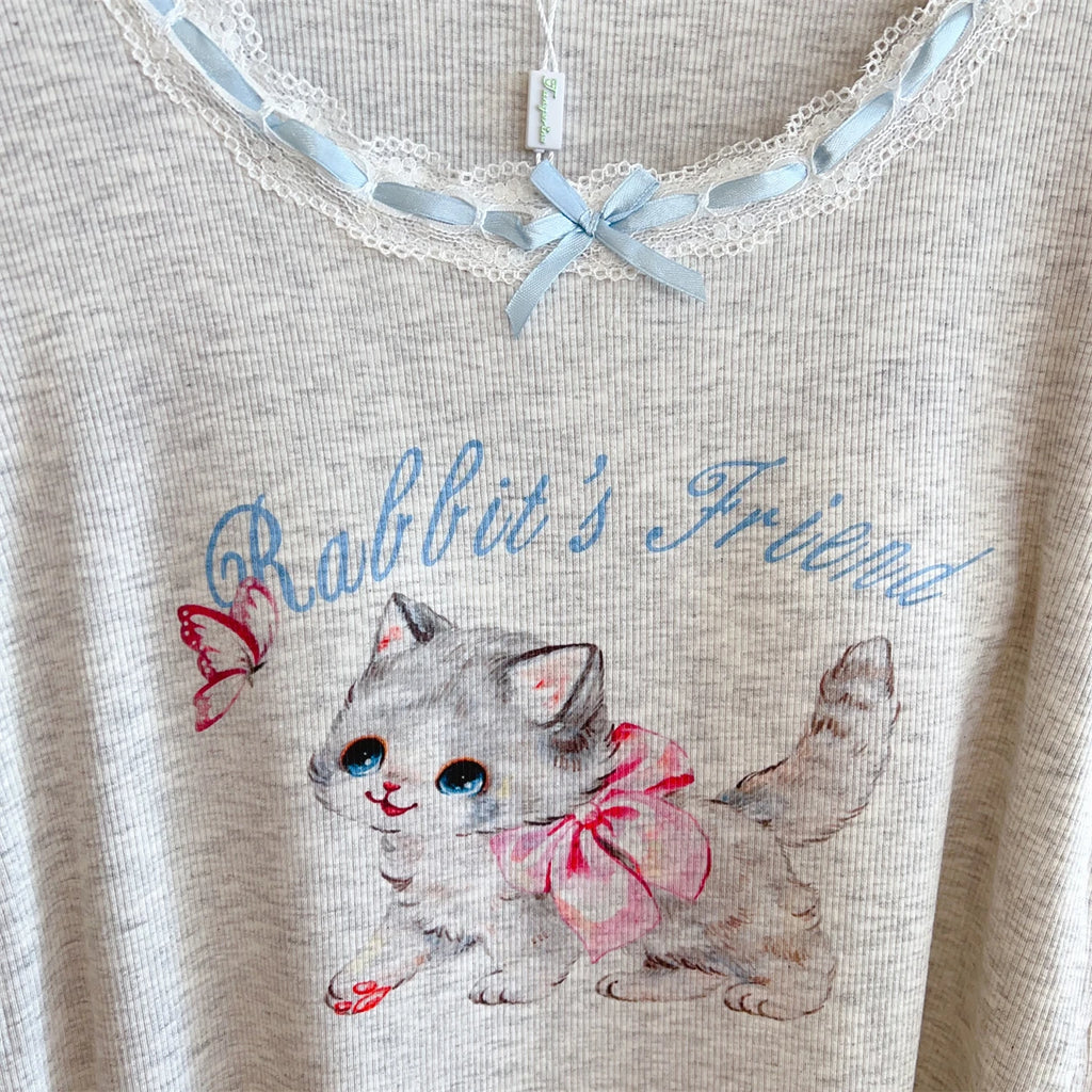 Modal Pajama Sets Sweet Cat Loose Long Sleeve Round Collar Bow Short T Shirt Women's Spring and Autumn Soft Sleepwear