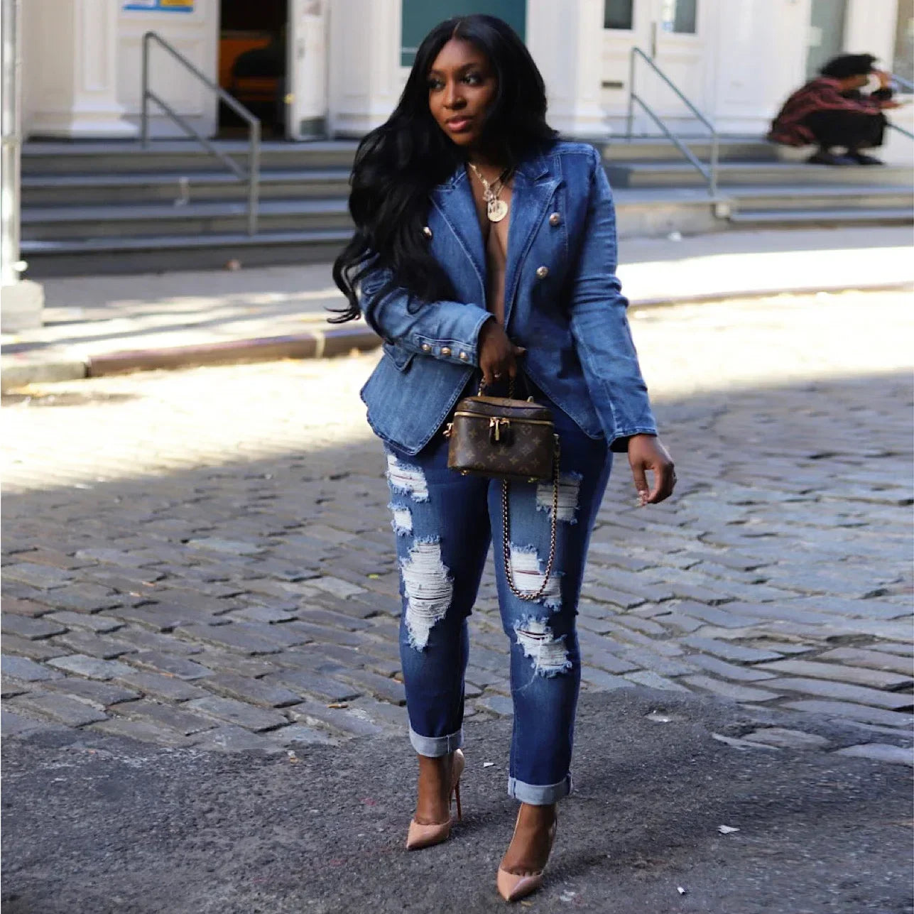 Women New Slim Double-Breasted Button Denim Jacket Coat Slim Long Sleeve Autumn Ripped Fashion Jacket Blazer