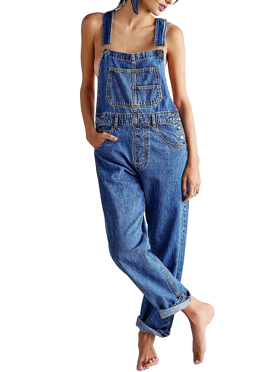 Denim Jumpsuit y2k Women Solid Color Sleeveless High Waist Romper Pants Jeans Bib Overalls with Pockets Streetwear