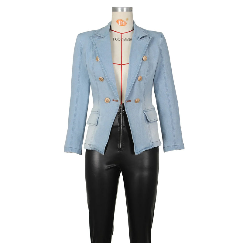 Women New Slim Double-Breasted Button Denim Jacket Coat Slim Long Sleeve Autumn Ripped Fashion Jacket Blazer