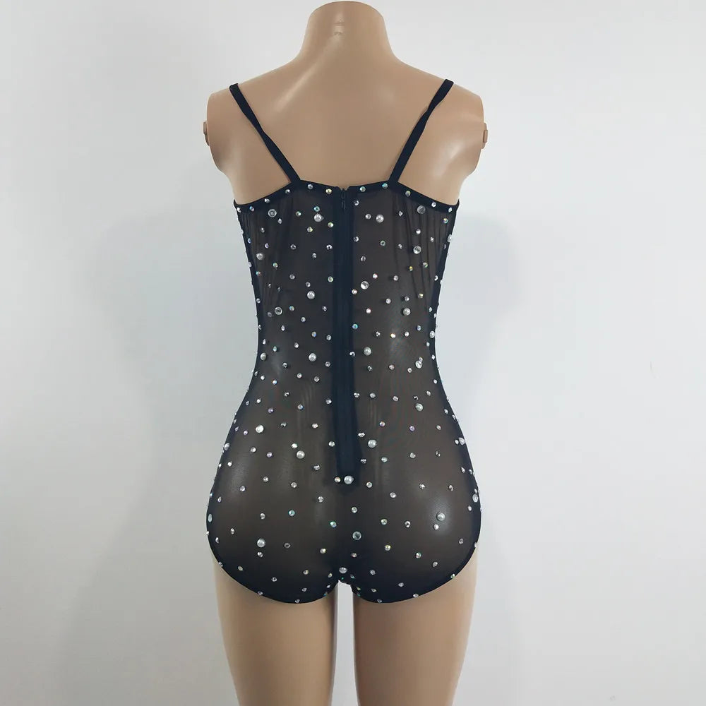 Sexy V Neck Perspective Mesh Elastic Crystals Bodysuit Women Dancer Stage Performance Costume Luxurious Gemstones Pearls Tights