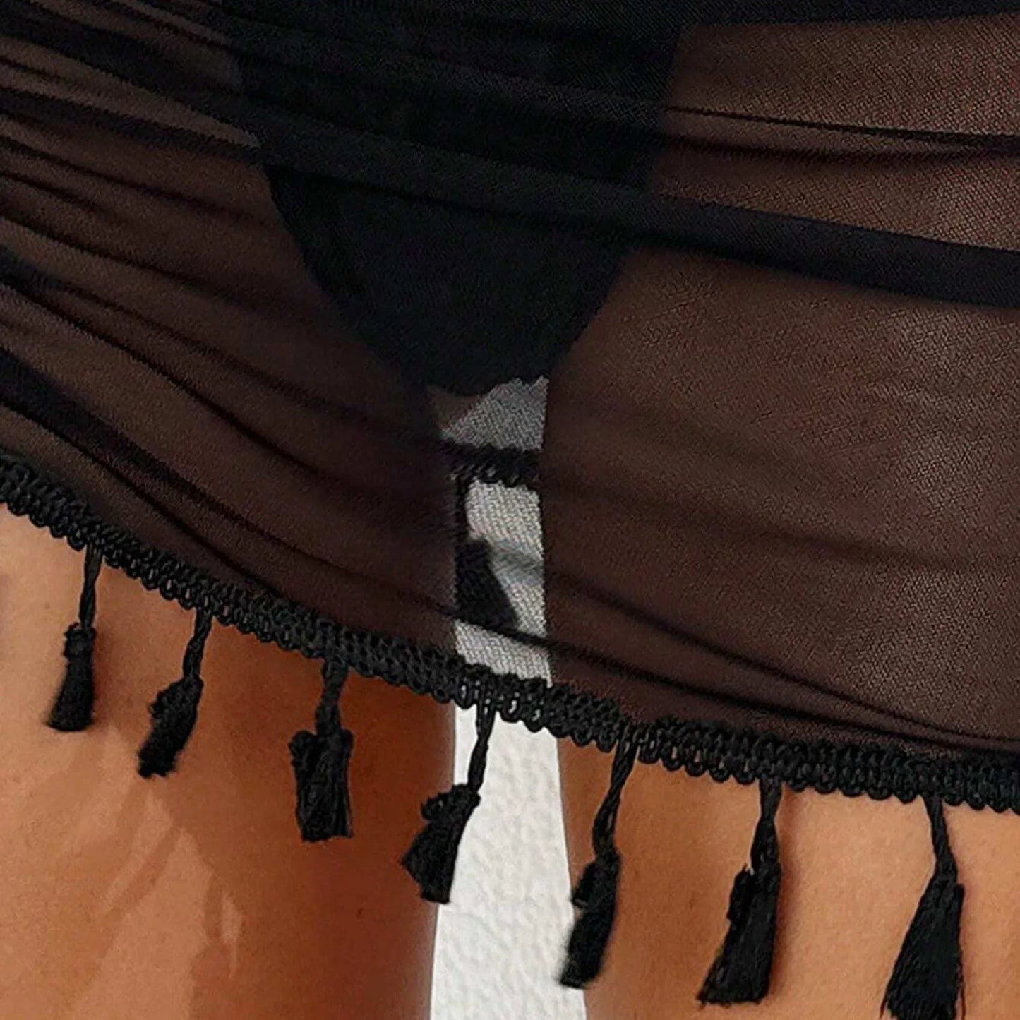 Black Ruffle Trim Sheer Beach Skirt Mesh Cover Up Skirt Beach Wrap Bikini Shiny Wraps Tassel Cover Ups for Swimwear Swimsuit