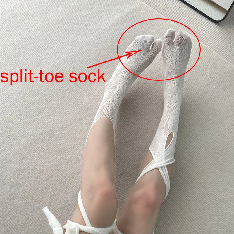 Women's Jk Tie Lace Fishnet Stockings Irregular Split-toe Calf Socks Middle Tube Socks Straps Summer Sexy Long Japanese Socks