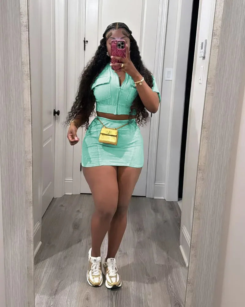 Women Solid Ribbed Patchwork 2 Piece Set Zip-up Short Sleeve Pockets Slim Crop Tops + Bodycon Mini Skirts Casual Streetwear Suit