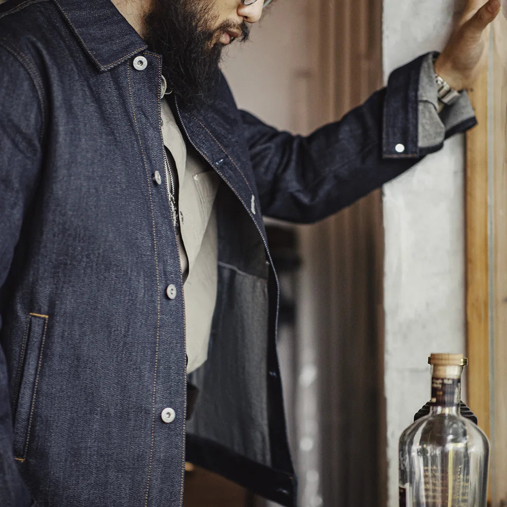 Maden Retro Men's 16.5oz Denim Jackets Heavyweight Cotton Lapel Jacket Solid Color Printed Classic Coat for Autumn Outerwear