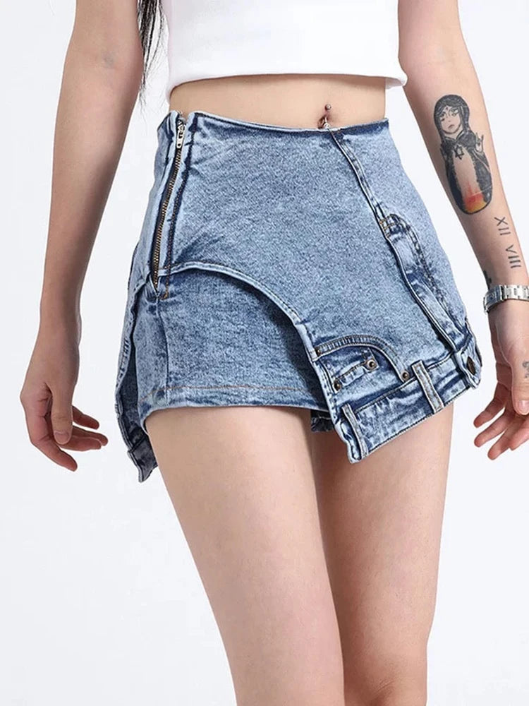 TWOTWINSTYLE Patchwork Pocket Irregular Chic Denim Shorts For Women High Waist Spliced Zipper Designer Short Pants Female New