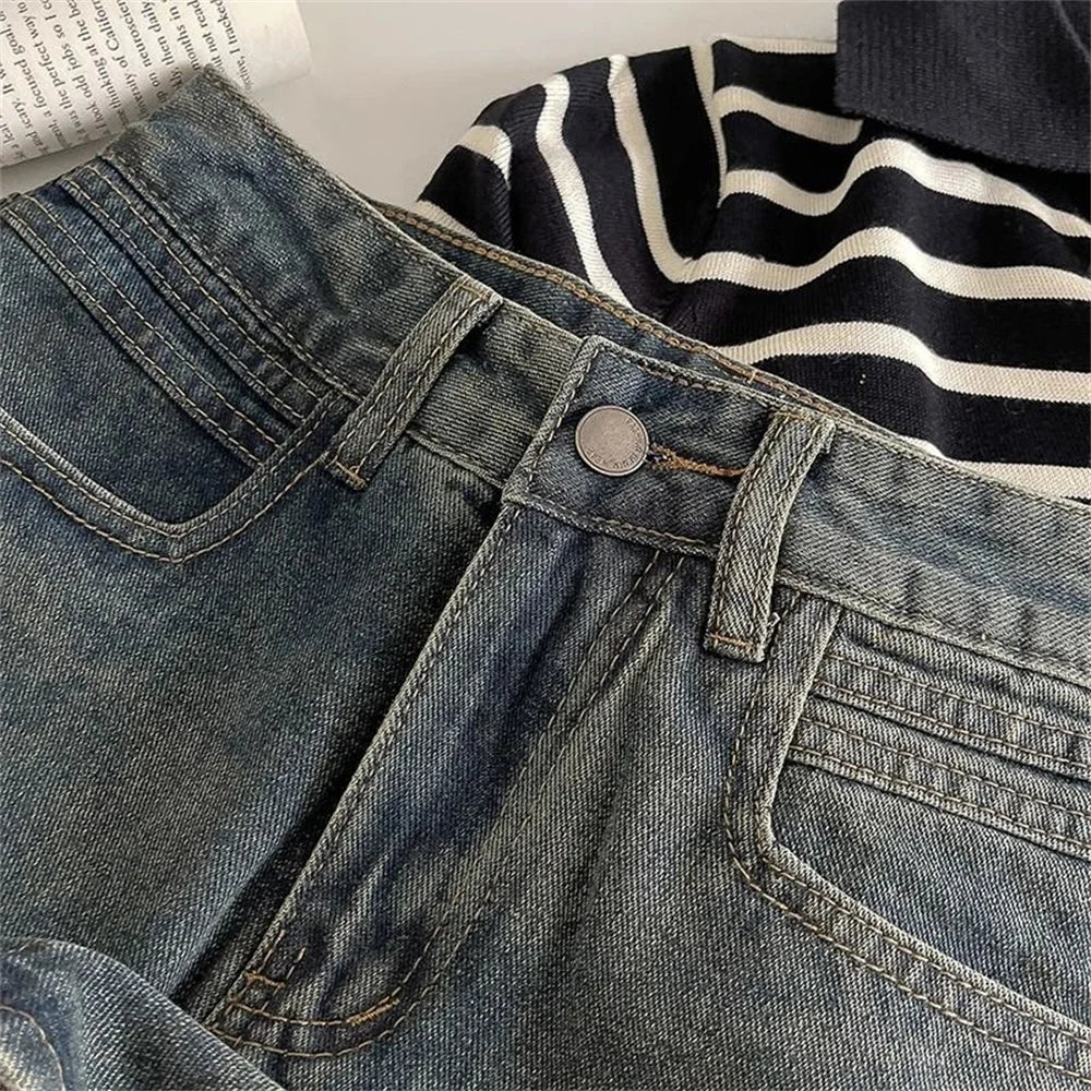 2024 Spring New Women High Belt Anti-exposure Short dress Retro Dark Fashion Solid color Short A Word Denim Skirt