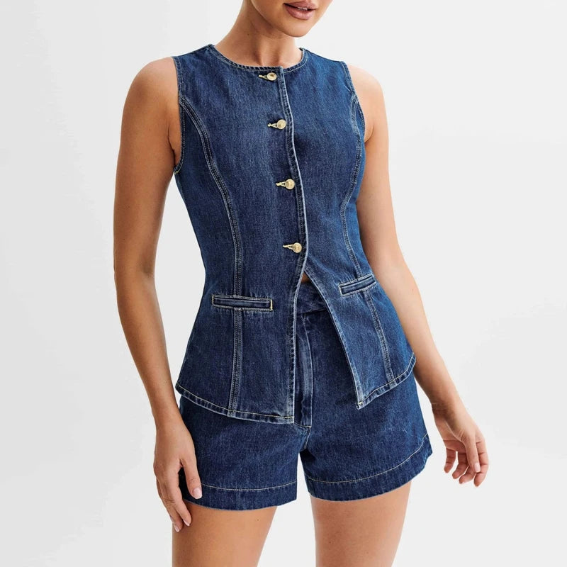 Women's Denim Tank Tops Casual Business Sleeveless Jean Blazer Vest Tops Button Front  Back Slit Pocket Waistcoat Y2K Clothes