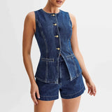 Women's Denim Tank Tops Casual Business Sleeveless Jean Blazer Vest Tops Button Front  Back Slit Pocket Waistcoat Y2K Clothes