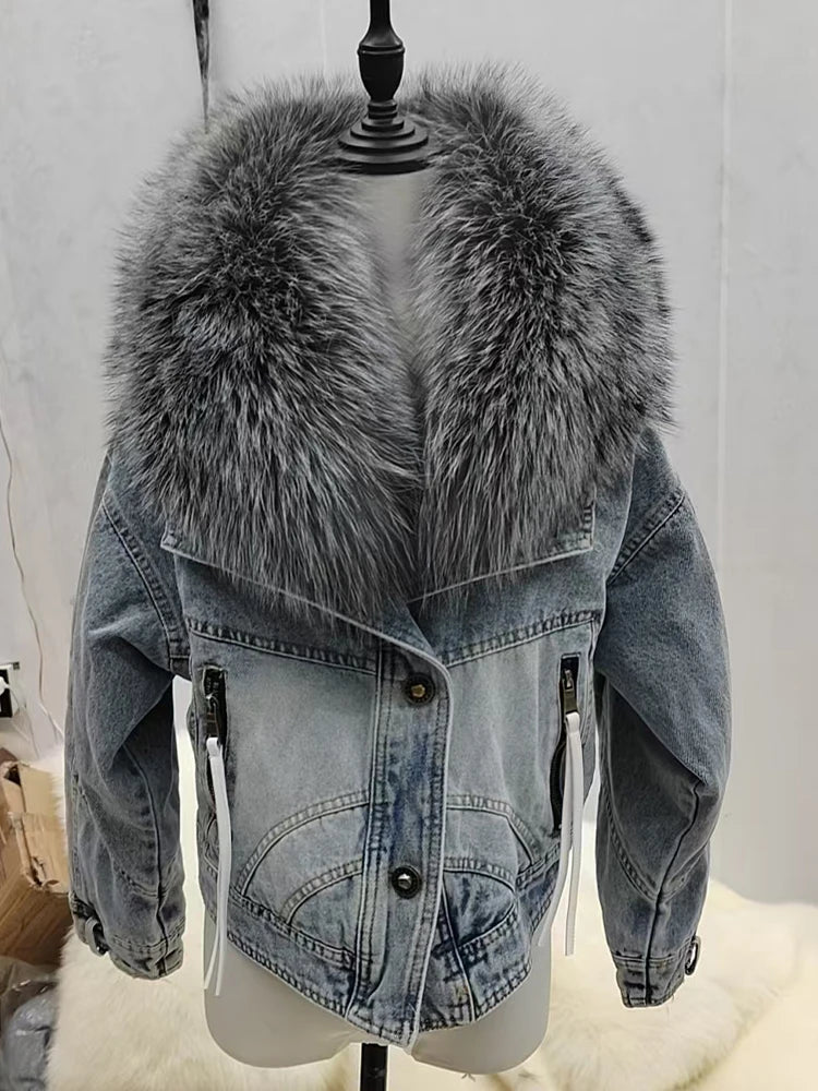 Womens Coats Spring 2025New 100%Natural Real Fox Fur Collar Fashion Short Denim Jacket Luxury Goose Down Puffer Jackets Clothing