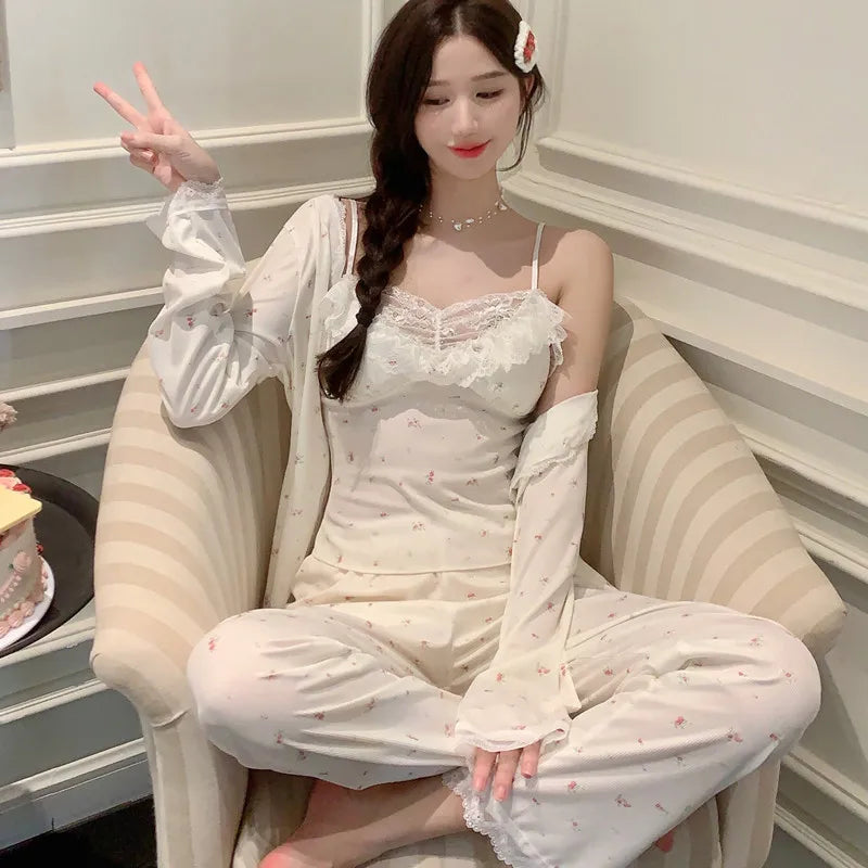 Women Pajama Sets Soft Modal Pijamas Mujer Sleepwear Lady Spring Summer New Nightwear Femme 3 Pieces Sets Lace Trim Homewear