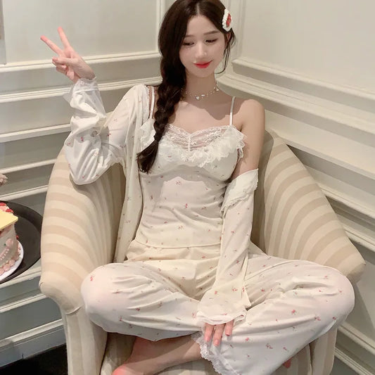 Women Pajama Sets Soft Modal Pijamas Mujer Sleepwear Lady Spring Summer New Nightwear Femme 3 Pieces Sets Lace Trim Homewear