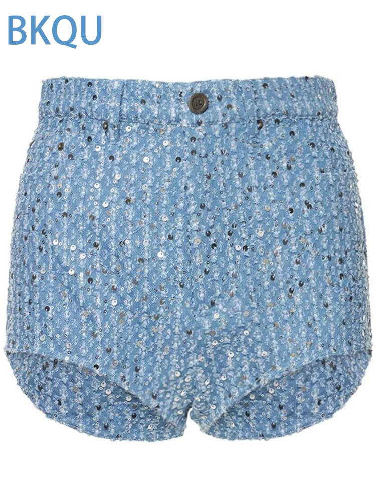 BKQU Sequins Denim Two Piece Pants Set Women Sexy Strapless Zipper Corset Tank Tops and Wide Leg Jeans Luxury Party Club Outfits