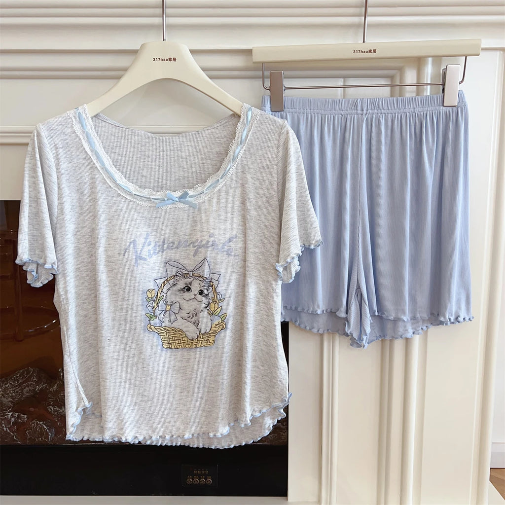 Modal Pajama Sets Sweet Cat Loose Long Sleeve Round Collar Bow Short T Shirt Women's Spring and Autumn Soft Sleepwear