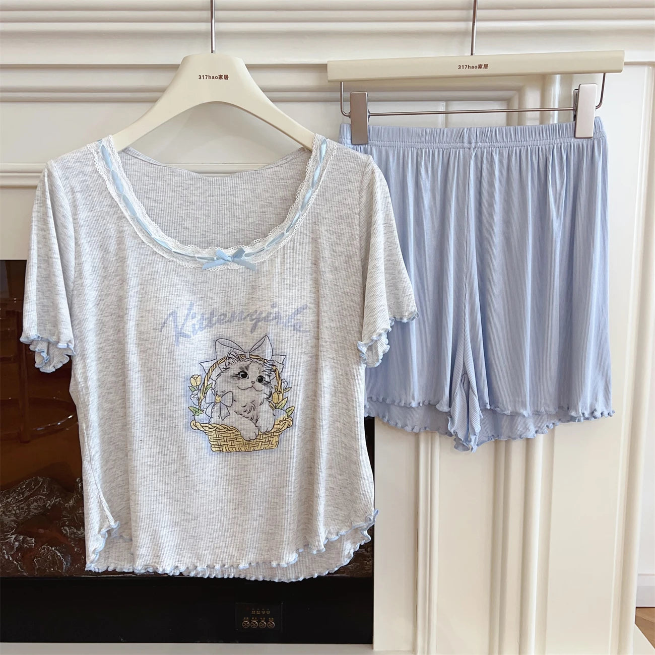 Modal Pajama Sets Sweet Cat Loose Long Sleeve Round Collar Bow Short T Shirt Women's Spring and Autumn Soft Sleepwear