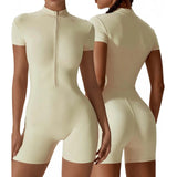 Plus Size Jumpsuit For Women'S Solid Color Summer Zippered Short Sleeve Yoga Shapewear For Dance Fitness Tight Workout Romper