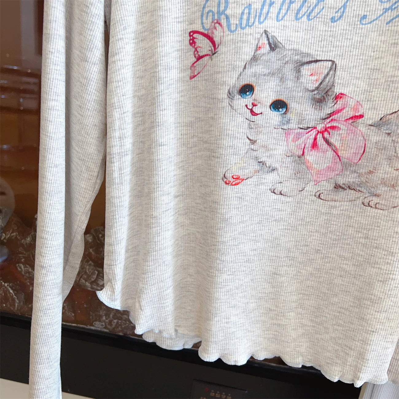 Modal Pajama Sets Sweet Cat Loose Long Sleeve Round Collar Bow Short T Shirt Women's Spring and Autumn Soft Sleepwear