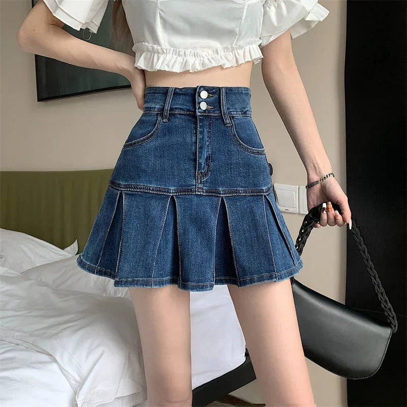 Lucyever Korean Style Pleated Denim Skirt Ladies Fashion High Waist A-Line Mini Skirts Women 2025 Summer New Jean Short Skirts