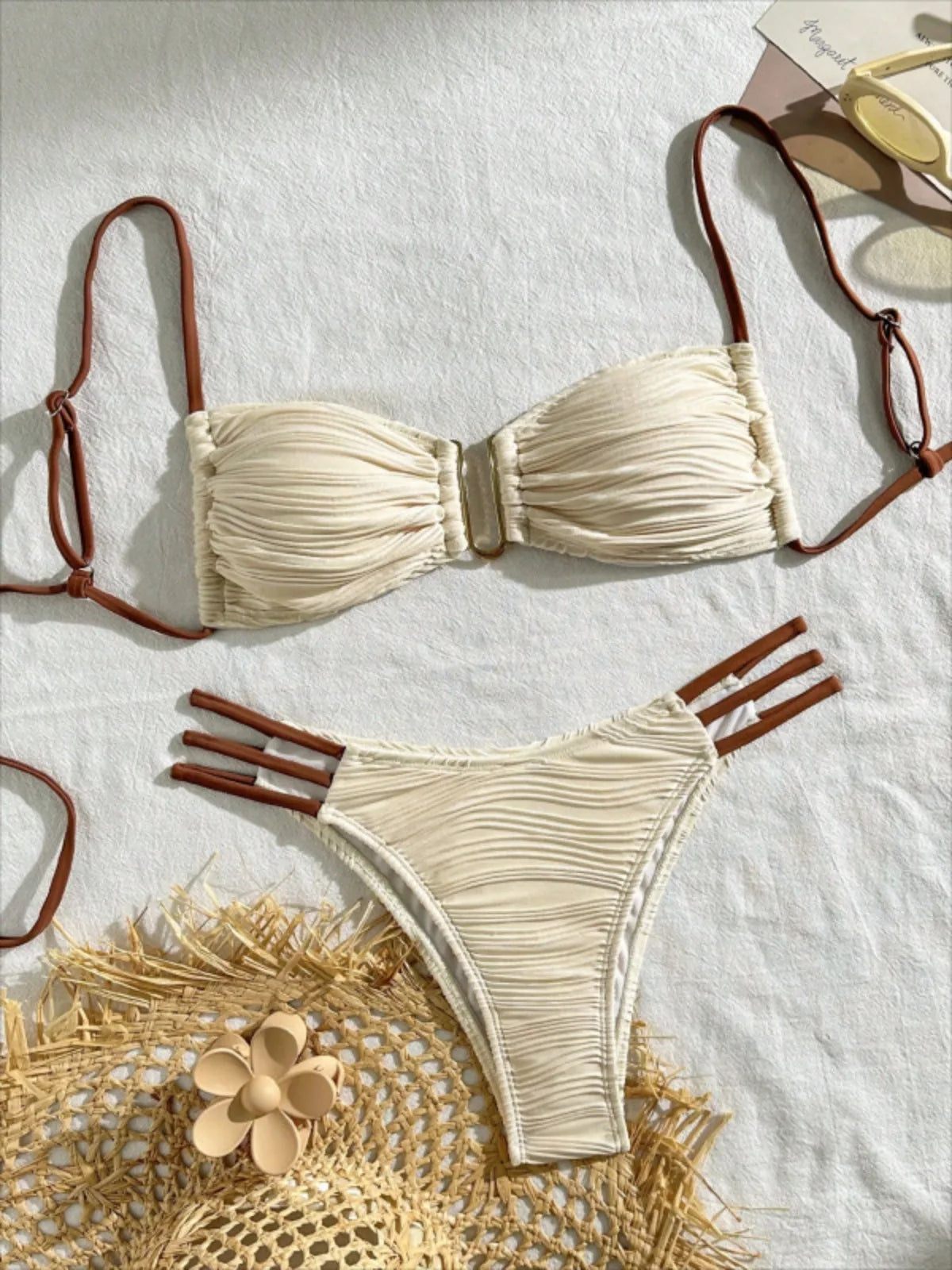 Beige Solid Color Bikini Set Women's Sexy U-neck Suspender Backless Bathing Suit High Waist Bandage Beach Vacation Swimwear 2024