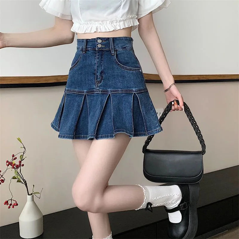 Lucyever Korean Style Pleated Denim Skirt Ladies Fashion High Waist A-Line Mini Skirts Women 2025 Summer New Jean Short Skirts