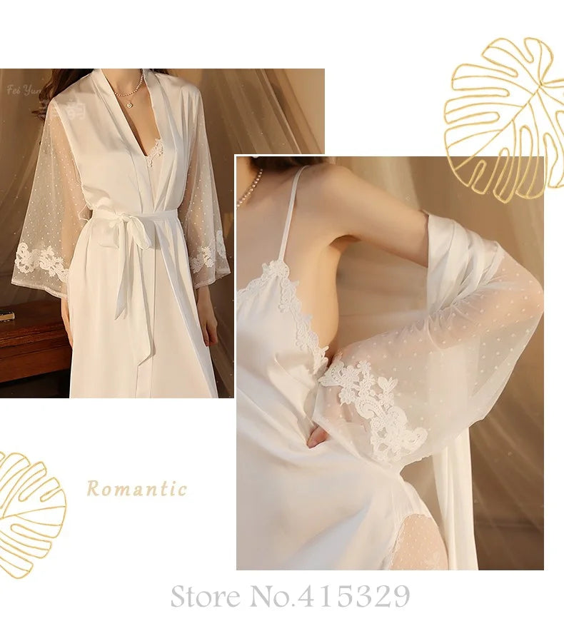 Wedding Bride Robe Set Women Sexy Lace Patchwork Nightgown Long Kimono Bath Gown Loose Suspender Nightdress Intimate Lingerie