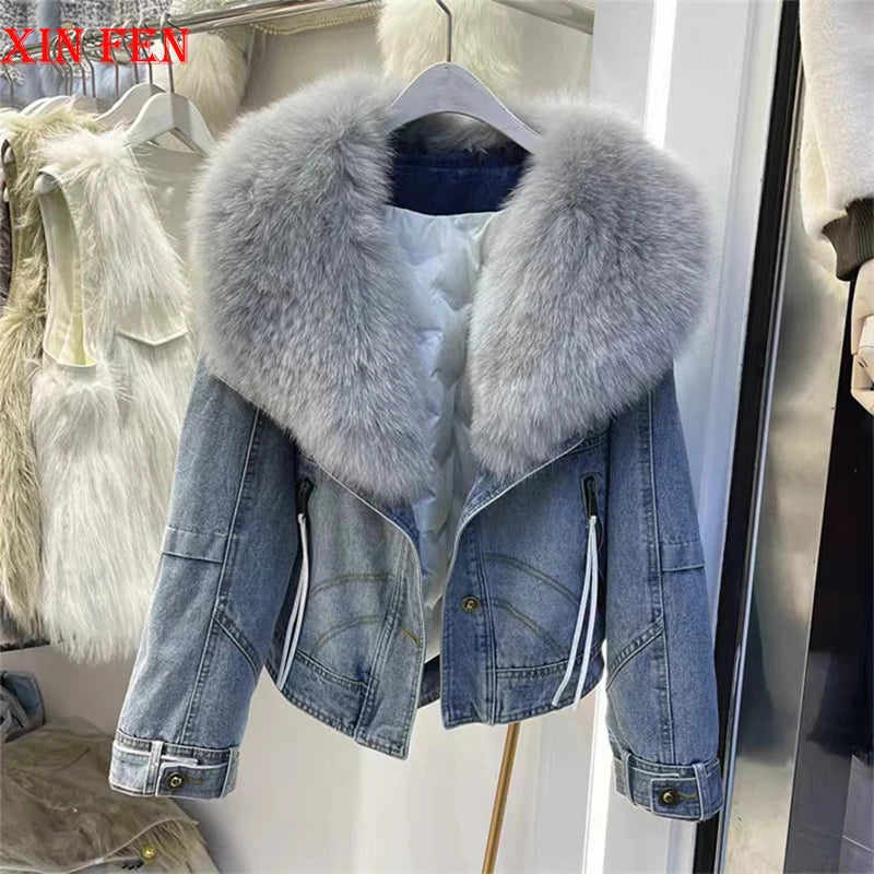 Womens Coats Spring 2025New 100%Natural Real Fox Fur Collar Fashion Short Denim Jacket Luxury Goose Down Puffer Jackets Clothing